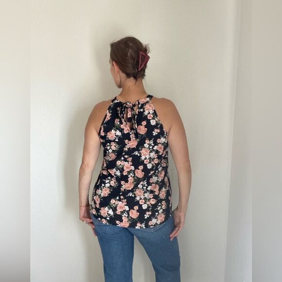 Floral Sleeveless Blouse Pink Flowers Black Medium Keyhole Back Tie - Picture 7 of 12
